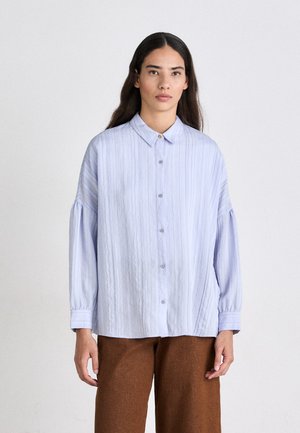 Camicia blu chiaro con righe verticali, colletto alla coreana e maniche lunghe, abbinata a pantaloni larghi marroni.