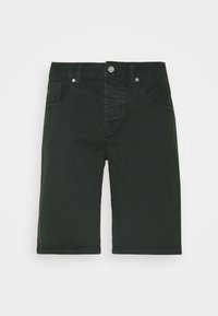 Ciemnozielone szorty dżinsowe z zapięciem na guziki, pięcioma kieszeniami i przeszyciami. Gładka faktura, prosty krój i obszyte krawędzie.