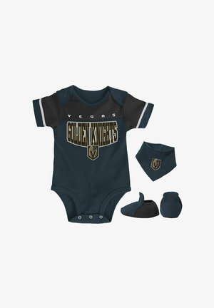 Dunkelblauer Baby-Body mit schwarzen Ärmeln, mit dem goldenen Logo der "Vegas Golden Knights". Inklusive passendem Bandana und Stiefelchen.