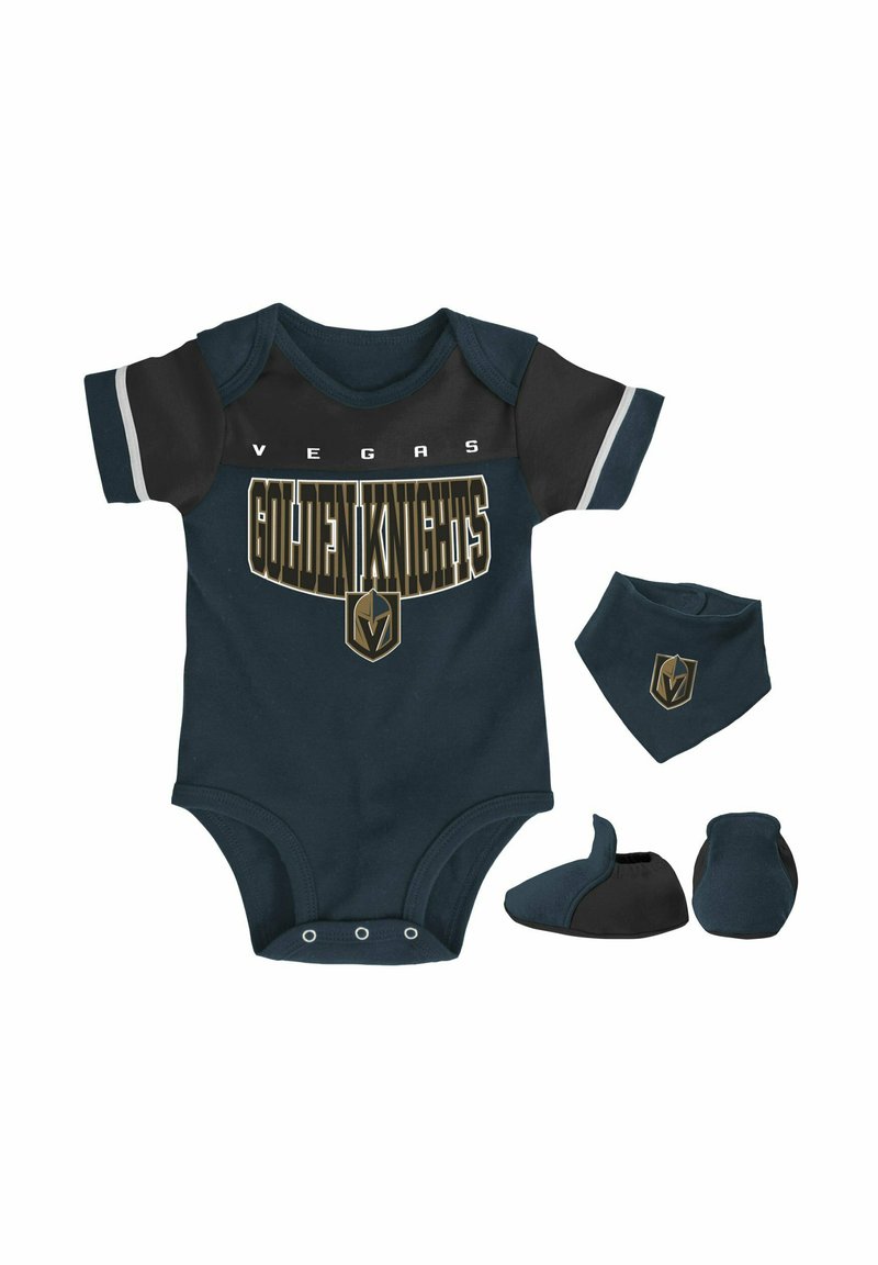 Dunkelblauer Baby-Body mit schwarzen Ärmeln, mit dem goldenen Logo der "Vegas Golden Knights". Inklusive passendem Bandana und Stiefelchen.