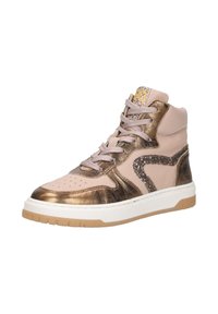 Hoge sneakers van roze leer met metallic bronzen accenten, textuur zijden, gevlochten veters en een beige rubberen zool.