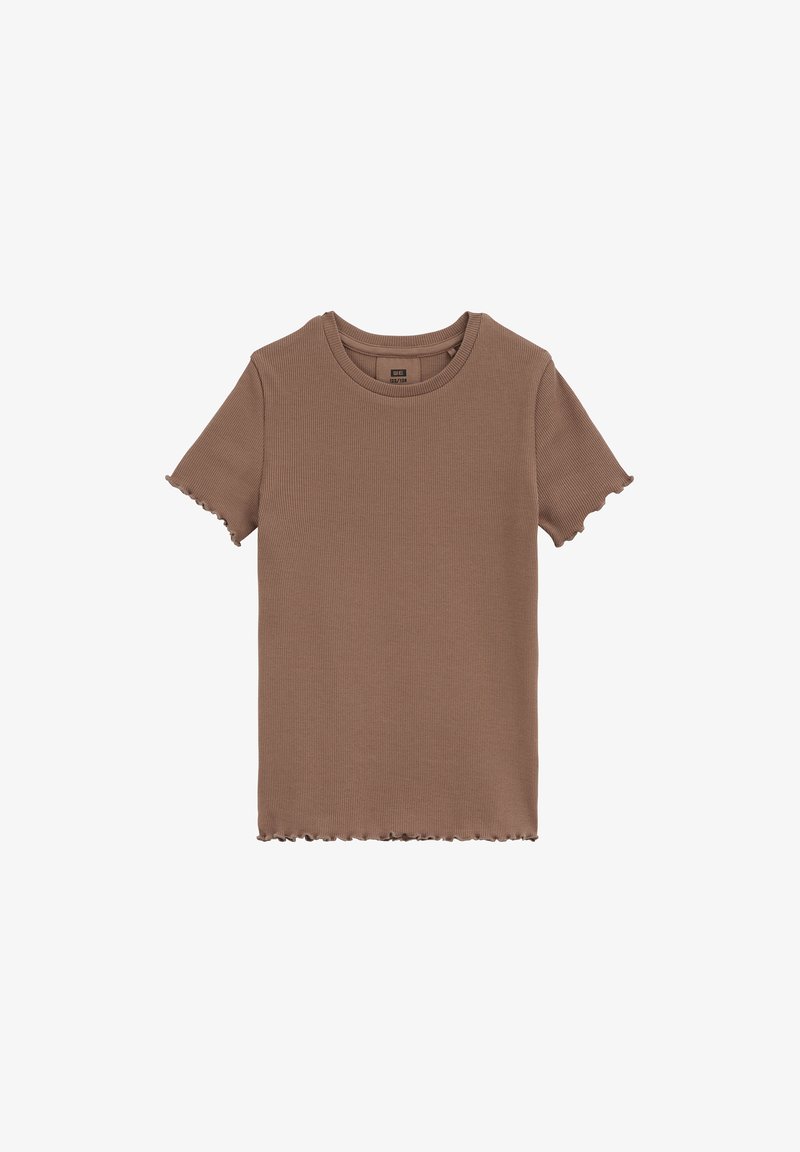 T-shirt marron côtelé à manches courtes avec bords froncés aux manches et à l’ourlet, col rond, en tissu doux et extensible.