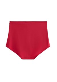 Högmidjad röd bikiniunderdel gjord av mjukt tyg, med en enhetlig färg och utan synliga mönster eller detaljer.