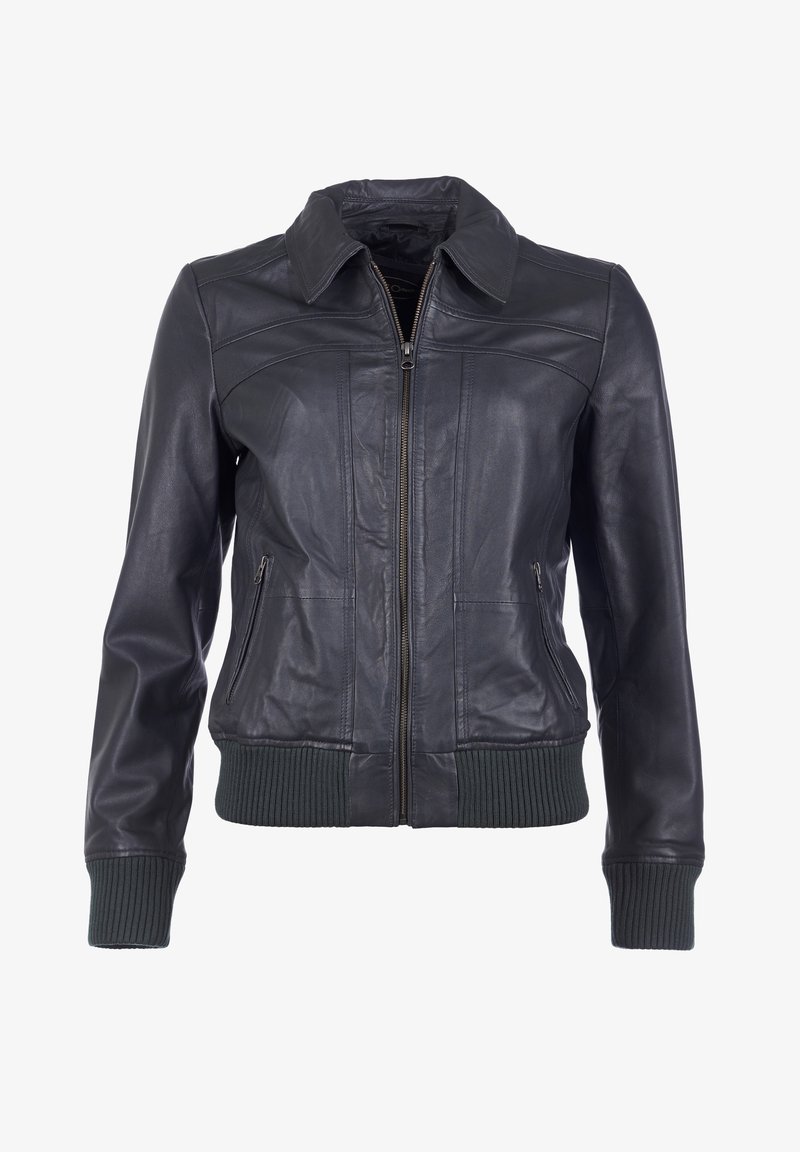 Veste en cuir noir avec fermeture éclair à l'avant, poignets et ourlet côtelés, et deux poches latérales zippées, présentée sur fond blanc.