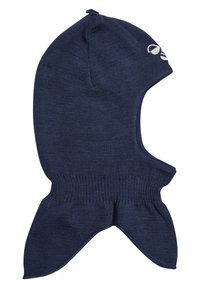 Marineblauer gestrickter Balaclava mit glatter Textur, abgerundetem Oberteil und ausgestellten Kanten. Verfügt über ein Logo-Detail auf einer Seite. Entwickelt für Wärme.