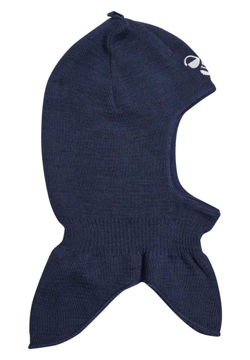 Marineblauer gestrickter Balaclava mit glatter Textur, abgerundetem Oberteil und ausgestellten Kanten. Verfügt über ein Logo-Detail auf einer Seite. Entwickelt für Wärme.