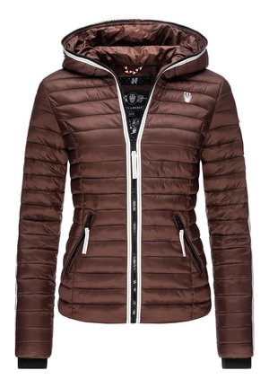 Brown puffer jacket with a hood, vertical stitching, black zippers, and contrasting white accents. Features two zippered side pockets.