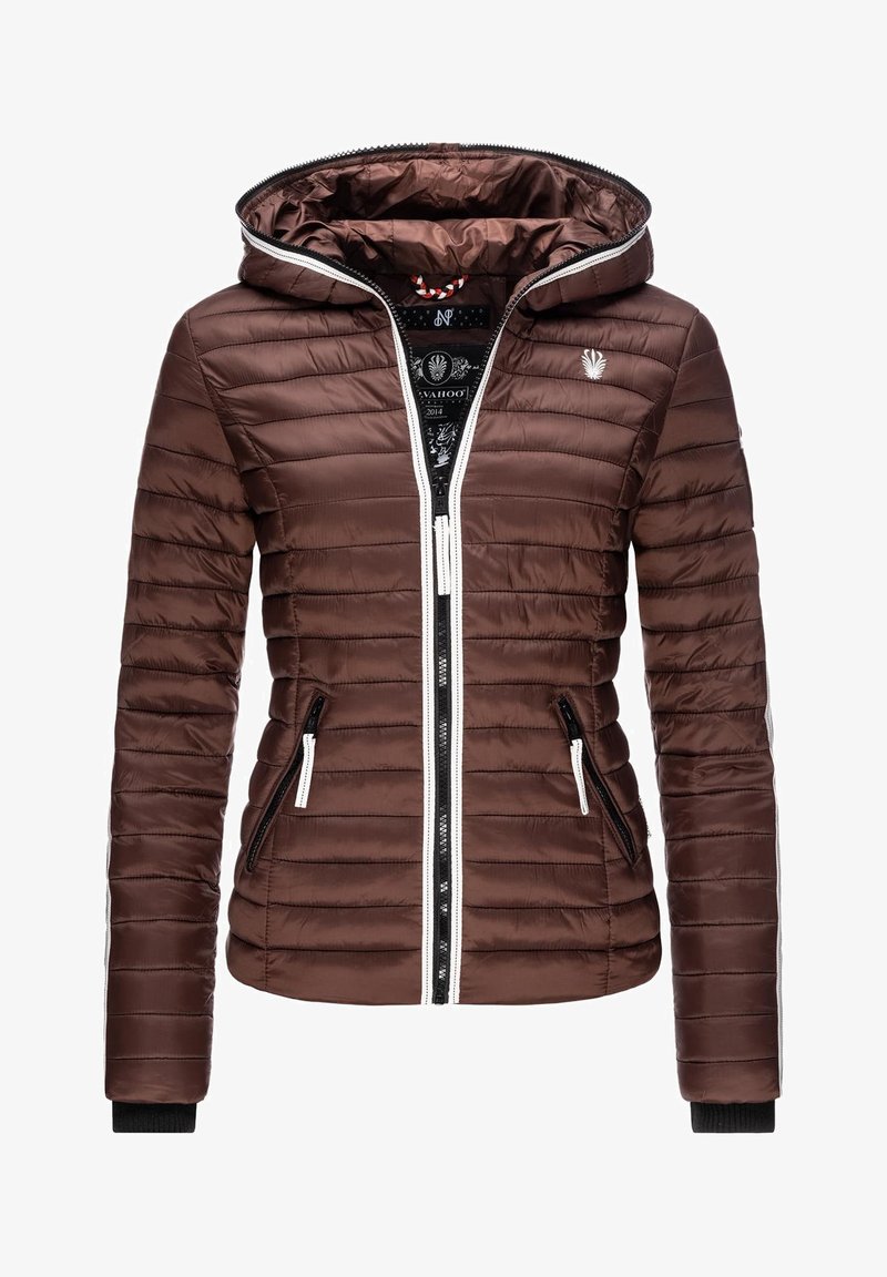 Brown puffer jacket with a hood, vertical stitching, black zippers, and contrasting white accents. Features two zippered side pockets.