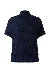 Granatowy, dziergany sweter z wysokim kołnierzem, krótkimi rękawami i teksturowanym wzorem. Posiada prążkowany dół oraz miękką, grubą włóczkę.