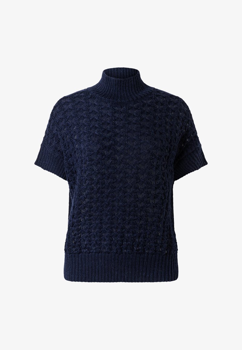 Maglione blu navy lavorato a maglia con collo alto, maniche corte e motivo strutturato. Presenta orlo a costine e filato morbido e spesso.