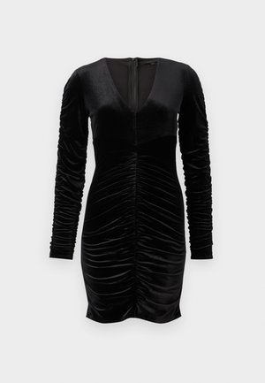 Must mustriga kleit pika puff-varrukaga, sügava V-kaelusega ja volditud detailidega ees. Lukk taga. Sujuv tekstuur.