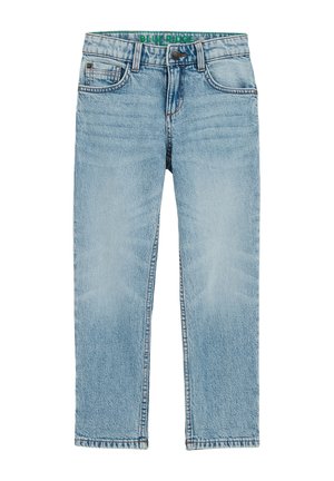Jasnoniebieskie jeansy o prostych nogawkach z przednim guzikiem, zamkiem błyskawicznym i wzorem z pięcioma kieszeniami, wykonane z wyblakłego denimu.