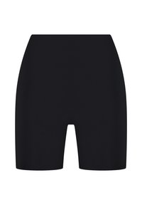Shorts de vélo noirs taille haute en tissu extensible, présentant une texture lisse et un design simple sans motifs ni accents.