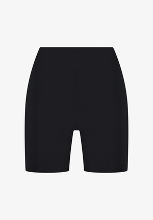 Shorts de vélo noirs taille haute en tissu extensible, présentant une texture lisse et un design simple sans motifs ni accents.