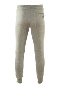 Grå sweatpants lavet af blødt stof, med en tætsiddende pasform, elastisk talje og en baglomme med lynlås til sikker opbevaring.