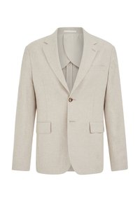 Blazer homme beige clair avec revers crantés, fermeture à un bouton, deux poches à rabat devant et une poche poitrine passepoilée.