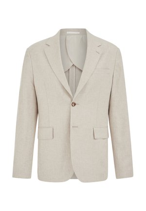 Lyse beige herreblazer med notchede revers, enkeltknapslukning, to forlommer med klap og brystlomme.