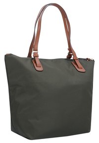 Borsa tote in tessuto verde oliva con manici e dettagli in pelle marrone; forma rettangolare con una consistenza liscia e apertura superiore.