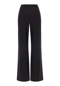 Pantalon large noir avec une texture lisse, doté d'une taille plate et sans poches visibles ni embellissements.