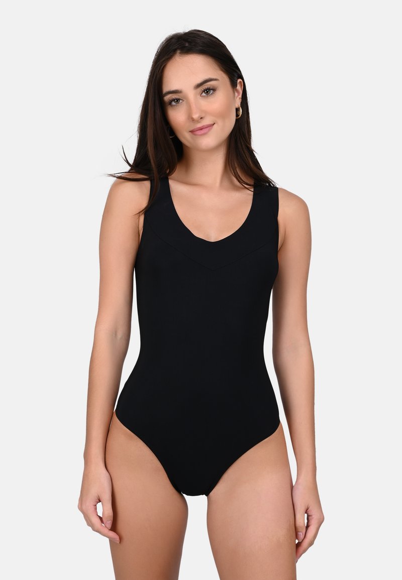 Black swimwear with a scoop neckline and wide shoulder straps. The material appears smooth and fitted, featuring high-cut legs and minimal seams.