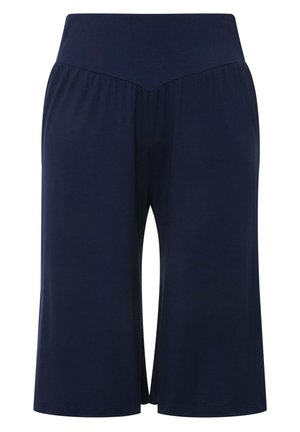 Mørkeblå culotter med bred elastisk talje, med en V-formet forhåndssøm, lavet af et blødt, strækbart stof.