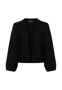 Schwarzer Cardigan mit offener Front, langen Ballonärmeln und einem leicht verkürzten, lockeren Schnitt, auf einem weißen Hintergrund präsentiert.