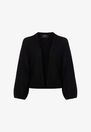 Zwarte open voorkardigan met lange ballonmouwen en een iets verkorte relaxte pasvorm, weergegeven op een witte achtergrond.