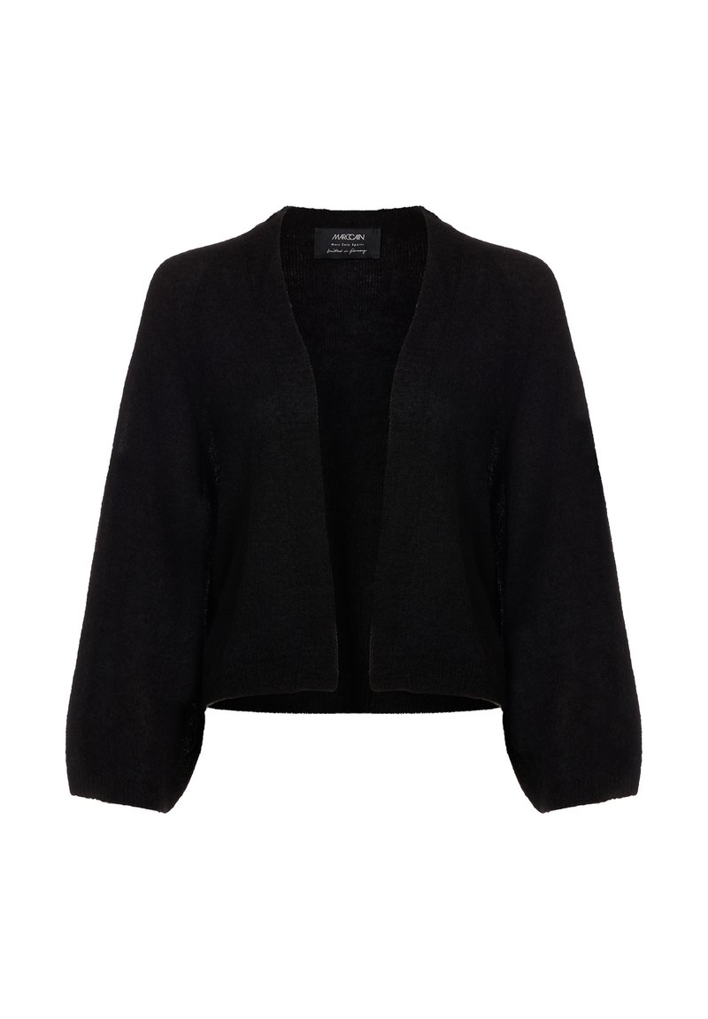 Schwarzer Cardigan mit offener Front, langen Ballonärmeln und einem leicht verkürzten, lockeren Schnitt, auf einem weißen Hintergrund präsentiert.