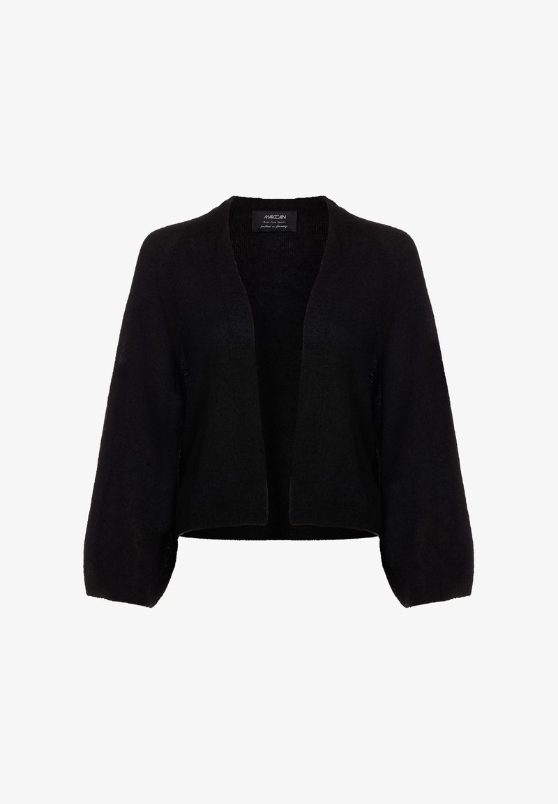 Schwarzer Cardigan mit offener Front, langen Ballonärmeln und einem leicht verkürzten, lockeren Schnitt, auf einem weißen Hintergrund präsentiert.