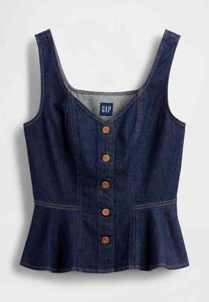 Denim zgornji del s peplumom v temno modri barvi, ima okrogel izrez, spredaj pet rjavih gumbov in oprijet kroj.