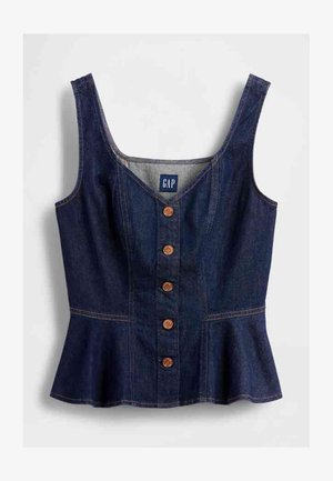 Denim zgornji del s peplumom v temno modri barvi, ima okrogel izrez, spredaj pet rjavih gumbov in oprijet kroj.