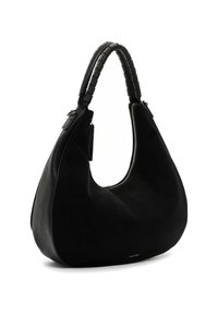 Black hobo bag made of textured suede and leather, featuring a sleek silhouette and a braided handle. Zipper closure on top.