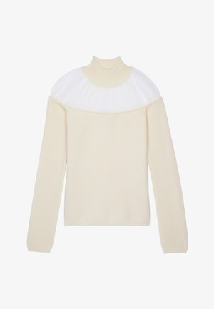 Crème brei trui met een hoge hals, voorzien van een doorzichtige witte tule overlay op de schouders en lange mouwen. Gladde textuur overal.