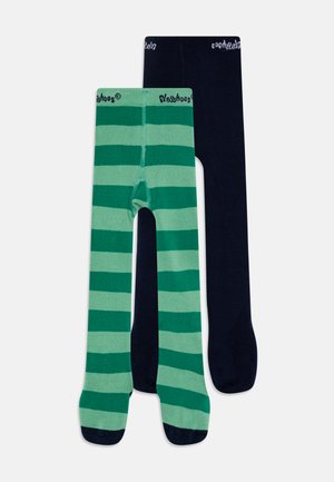 Collants rayés verts et bleu marine, présentant des rayures horizontales vertes sur un fond vert clair et une couleur bleu marine unie, texture douce.