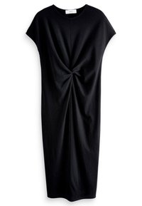 Schwarzes knielanges Kleid aus weichem Stoff, mit einer Drehung an der Taille und kurzen, lässigen Ärmeln. Schlichtes, unaufgeregtes Design.