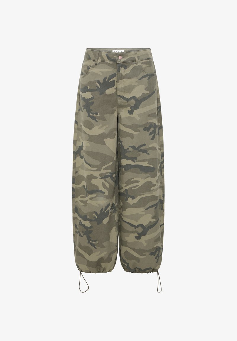 Pantalon camouflage à jambes larges avec poignets élastiqués et cordons, bouton devant et passants pour ceinture.