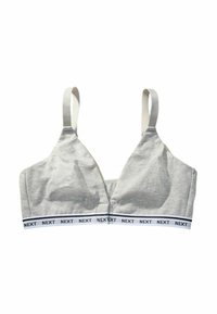 Sivá bavlnená braletka s trojuholníkovými košíčkami, bielymi nastaviteľnými ramienkami a čiernobandážou s logom na spodnej časti.