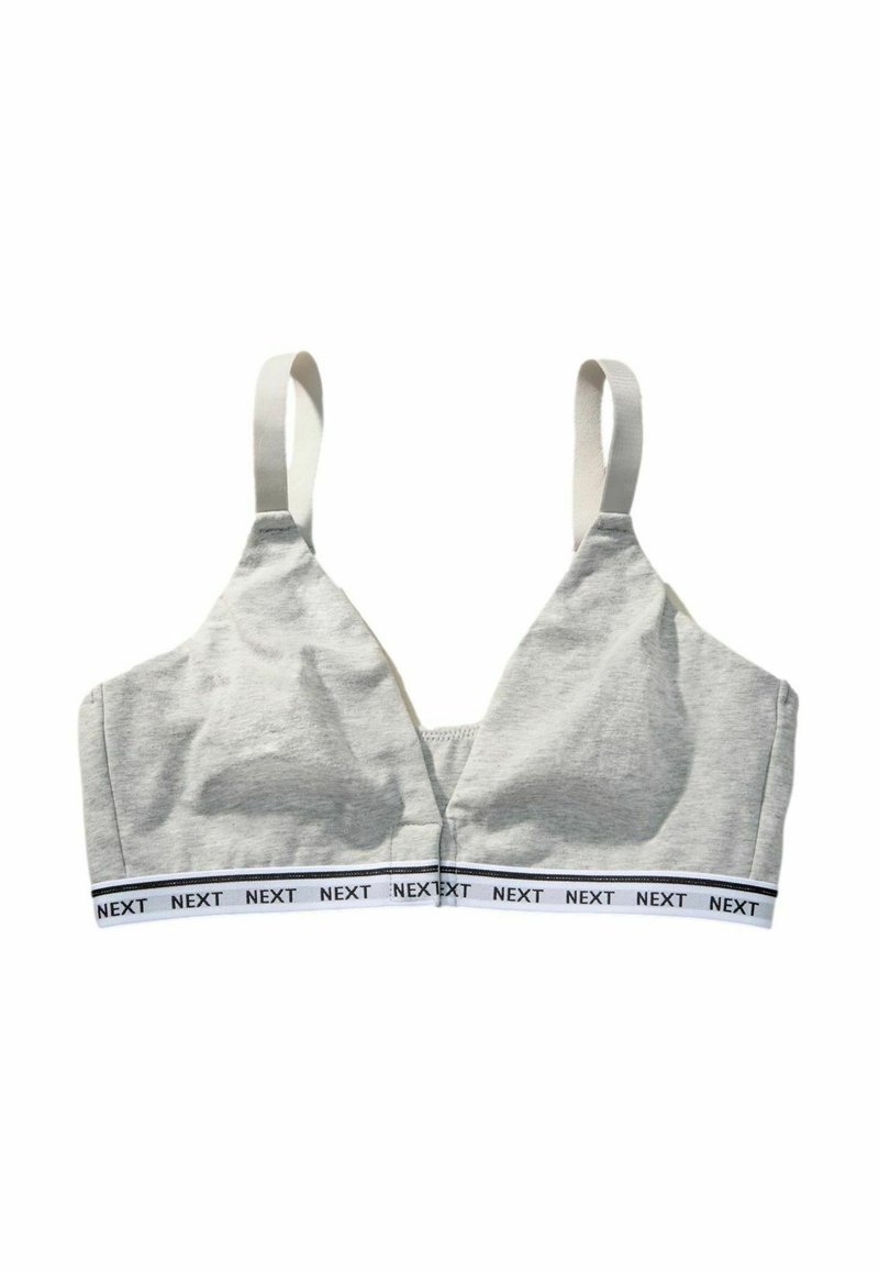 Sivá bavlnená braletka s trojuholníkovými košíčkami, bielymi nastaviteľnými ramienkami a čiernobandážou s logom na spodnej časti.