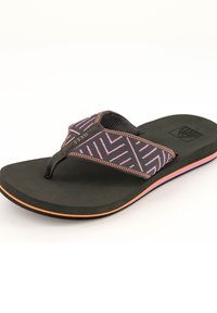 Black flip-flop sandal with a patterned strap in pink and purple, featuring a textured footbed and an orange accent around the sole.