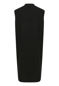 Abito maglione senza maniche di colore nero con colletto alto, realizzato in tessuto morbido, presenta una silhouette ampia e drappeggiata con bordi puliti.