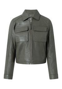 Gekürzte Jacke aus olivgrünem Leder. Verfügt über einen Frontreißverschluss, einen Punktkragen und zwei Brusttaschen. Glatte Textur und taillierte Passform.