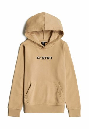 Sweat à capuche en coton beige avec poche kangourou frontale et texte noir "G-STAR" centré sur la poitrine.
