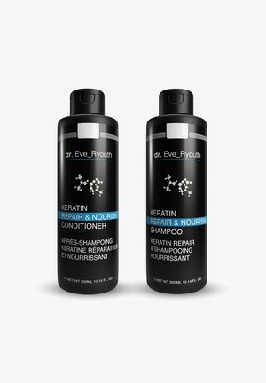 Zestaw dwóch czarnych butelek o pojemności 300 ml z etykietami "Szampon naprawczy i odżywiający z keratyną" oraz "Odżywka", z niebieskimi akcentami i eleganckim designem.