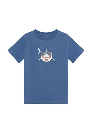 Blaues Baumwoll-T-Shirt mit einem Haifisch-Motiv und Sonnenbrille, kurzen Ärmeln, rundem Ausschnitt und glatter Textur.
