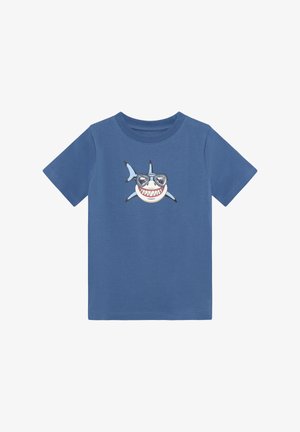 Blaues Baumwoll-T-Shirt mit einem Haifisch-Motiv und Sonnenbrille, kurzen Ärmeln, rundem Ausschnitt und glatter Textur.