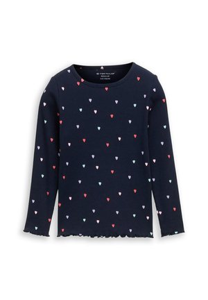 Marineblaues Langarmshirt mit kleinen mehrfarbigen Herzmotiven und gewellten Abschlüssen an Ärmeln und Saum, Größe 104/110.