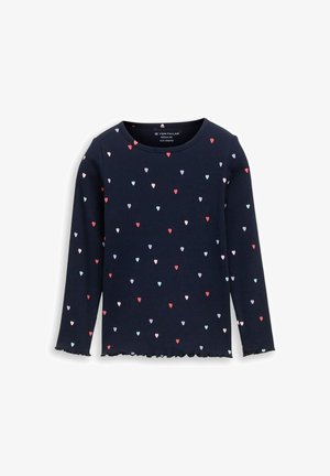Marineblaues Langarmshirt mit kleinen mehrfarbigen Herzmotiven und gewellten Abschlüssen an Ärmeln und Saum, Größe 104/110.