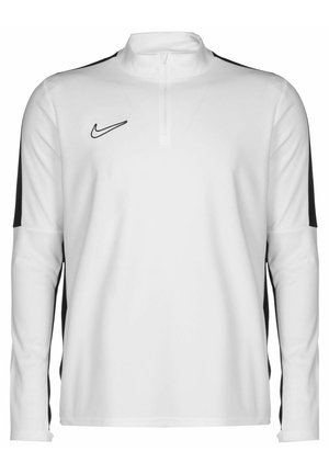 Haut de sport blanc à manches longues avec logo Nike noir sur la poitrine, demi-fermeture éclair au col et bandes noires sur les manches.