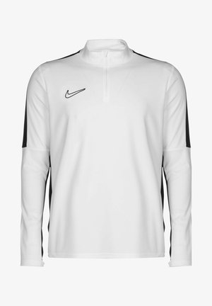 Haut de sport blanc à manches longues avec logo Nike noir sur la poitrine, demi-fermeture éclair au col et bandes noires sur les manches.