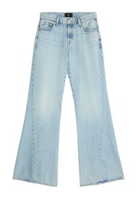 Jean large bleu clair en denim. Taille haute avec un design à cinq poches et un ourlet brut. Délavage décoloré avec un léger effet de frottement et des détails de couture.